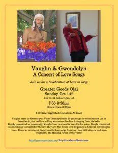 Sun. Oct 21st REVISED DATE Concert of Love Songs with Vaughn Montgomery at Greater Goods Ojai ConcertVaughnGwendolyn10.14.18 1 232x300