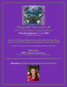 Dragonfly Ascension II: Appalachian Mountains Retreat September 1st – 4th, 2022 Dragonfly Ascension Retreat Flyer.Appalachia 9.1 4 2022 1 2 1 232x300